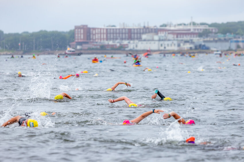Swimmers make their way through the 1.2-mile course, in New Bedford's outer harbor.