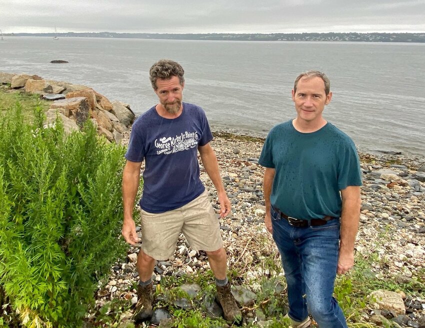 Patrick and Sean Bowen, at the site of their proposed oyster farm in August 2021, will have a hearing before the state CRMC on Tuesday, July 18.