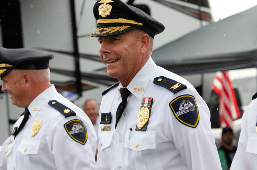 Bristol Police Chief Kevin Lynch marches in the parade at the 2023 July Fourth Celebration. Lynch recently presented a plan during budget hearings to restructure the ranks within the police department.