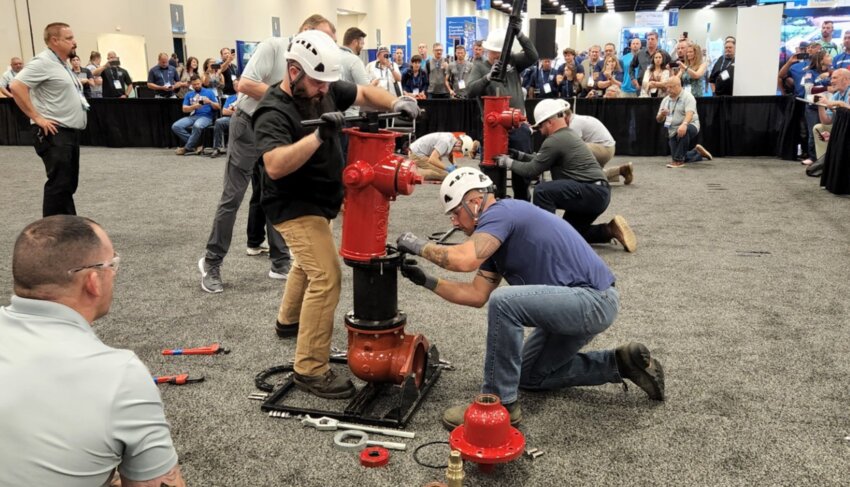 The Bristol County Water Authority&rsquo;s Hydrant Hysteria team, consisting of Nick Deveau and Trevor Sousa, compete last year in San Antonio at the national event after winning the New England qualifier.