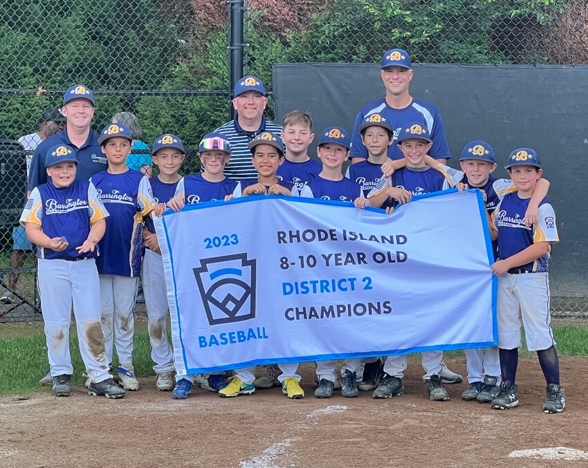 The 2023 District 2 champion Barrington Little League 8-10 baseball All Star team included (front row, left to right) players Leo Espindle, Henry St. Onge, Owen Paxton, Porter Campo, Brendan Philippe, Owen Ayres, Michael McGovern, Will Coutant, Sebastian Hyams, Chase Corcoran and Andrew Viele; (back row) coaches Jody Corcoran, Dave McGovern and Ralph Coutant. Missing from photo Xavier Maddox.
