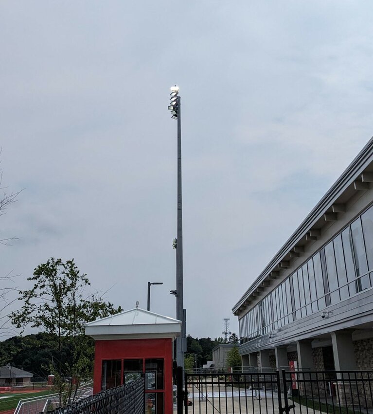 The repositioned and rewired light at the EPHS stadium is tested Wednesday, July 19.