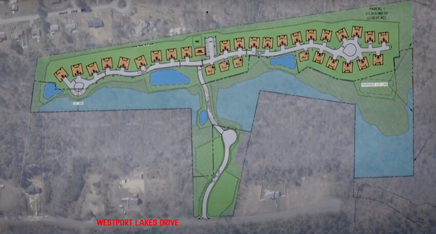 A rendering of the proposed development off Westport Lakes Drive, shown at bottom.