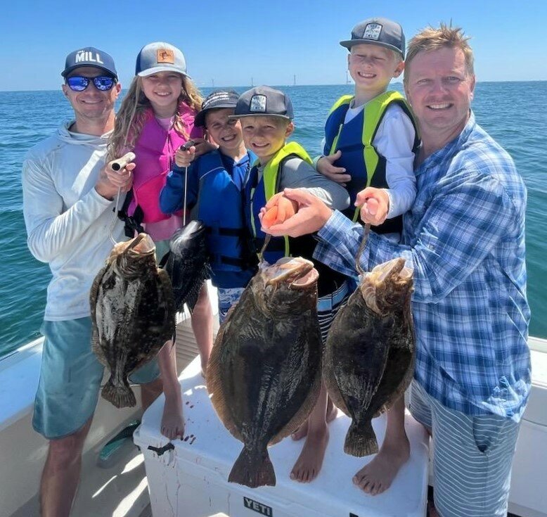 Best Team Photo in Block Island Tournament was awarded to team &lsquo;Defiant&rsquo; for this photo taken in the Block Island Wind Farm. Some nice fluke caught by youth anglers.