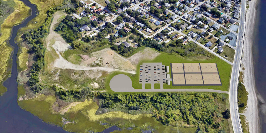 Architect&rsquo;s aerial rendering of what the Island Park OASIS Beach Volleyball would look like if built at the site of the former boomerang-shaped town landfill property. Park Avenue and Island Park Beach are at far right, with Mason Avenue just above the 13 proposed sand courts. (Boyds Lane is at the bottom, out of frame.) The three temporary structures between the parking lot and courts would be similar to trailers. The gravel entrance from Park Avenue features a turn-around to accommodate emergency vehicles.