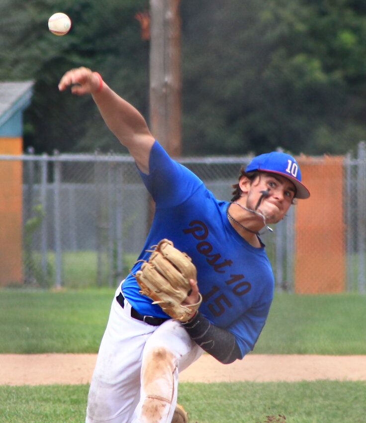 Jayden Healey delivers a pitch in Post 10's victory over Post 39 Saturday, July 29, in the 2023 Junior Legion Baseball state playoffs.