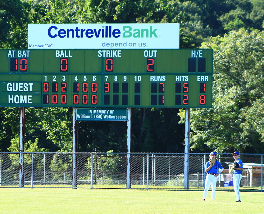 A view of the scoreboard in the top of the seventh inning of Post 10's eventual 7-3 loss to Post 20 in the 2023 Junior Legion Baseball championship game.