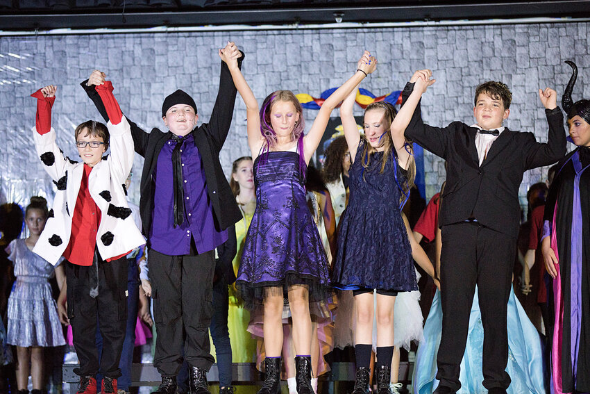 Bristol Theatre Company actors take a bow at the end of their performance of Disney's Descendants: The Musical. From left, Carlos (Dylan Pariseault), Jay (Abby Oliver), Mal (Lizzie Karberg), Evie (Layla Coelho), and King Ben (Logan Cabral)