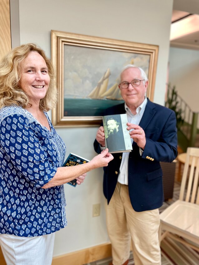Eileen Dyer, Rogers Free Library director, and Charles Calhoun, Bristol BookFest co-founder, present the 2024 BookFest read, Herman Melville&rsquo;s &ldquo;Moby-Dick.&rdquo;