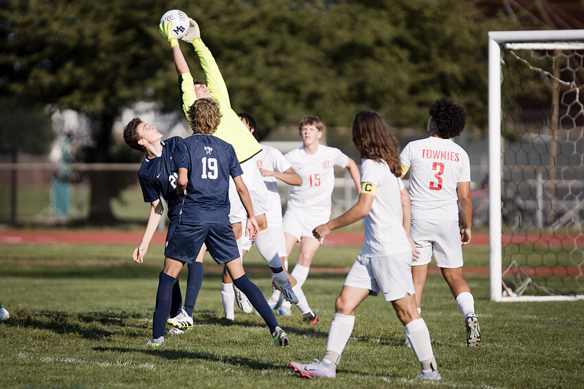EPHS keeper James McShane, shown making a save for the Townies in their Injury Fund game against Moses Brown, made seven stops in East Providence's Division I opening win over Central on September 6.