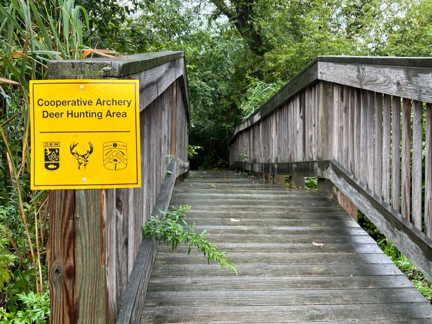 Signage is now posted at the entrances to each of four town-owned sites that are now permitting deer hunting between Sept. 15 and Jan. 31. This one is located outside the Elmwood Drive entrance of the 100-Acre Woods parcel.