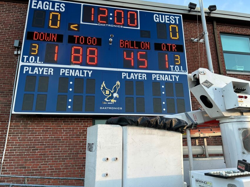 A crew stopped by Barrington High School on Tuesday, Sept. 5 and fixed the scoreboard. Officials believe a lightning strike was to blame for the recent outage.