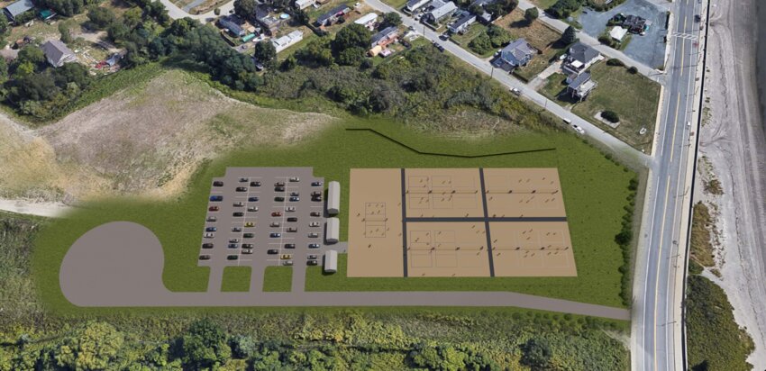 Architect&rsquo;s aerial rendering shows updated layout of the Island Park OASIS Beach Volleyball complex being proposed for a site over the old landfill in Island Park. The larger of the 13 courts at left could be converted into a sand soccer court. The parking lot has spaces for just over 100 vehicles, and the three temporary buildings in between would be used for storage, ticket sales and restrooms. The gravel entrance road from Park Avenue at right includes a turnaround for emergency vehicles.