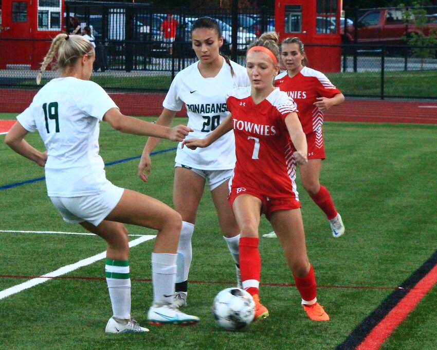 East Providence High School's Ava Soares (No. 7 in red) scored a pair of goals in recent games, one in the Townies' first Division II win of the season against Bay View on October 18.