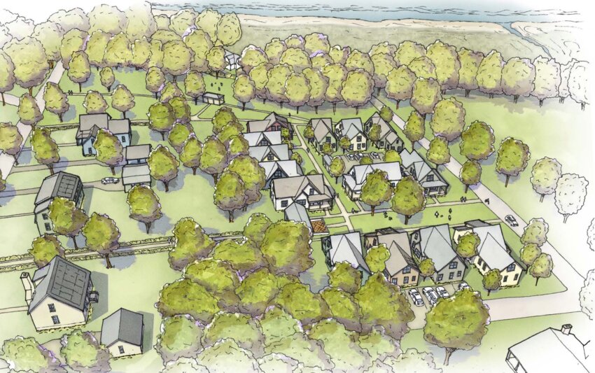 This rendering shows the town manager&rsquo;s vision for the monastery property: Five single-family house lots, 14 cottages, and two acres of open space.