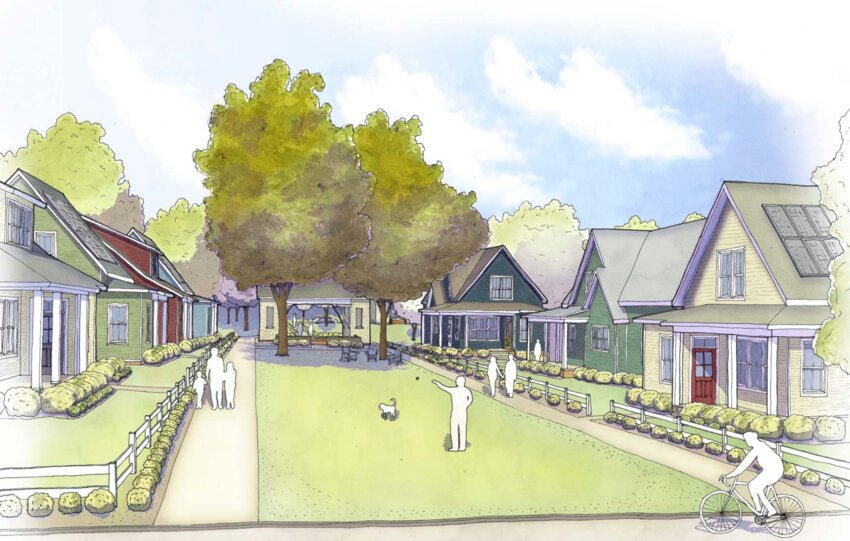 This rendering shows a close-up of the pocket neighborhood included in the plan for the monastery property.
