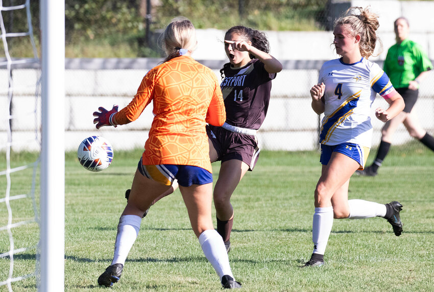 Korynne Holden makes a kick on goal during Westport's 8-1 home win over Wareham on Tuesday.