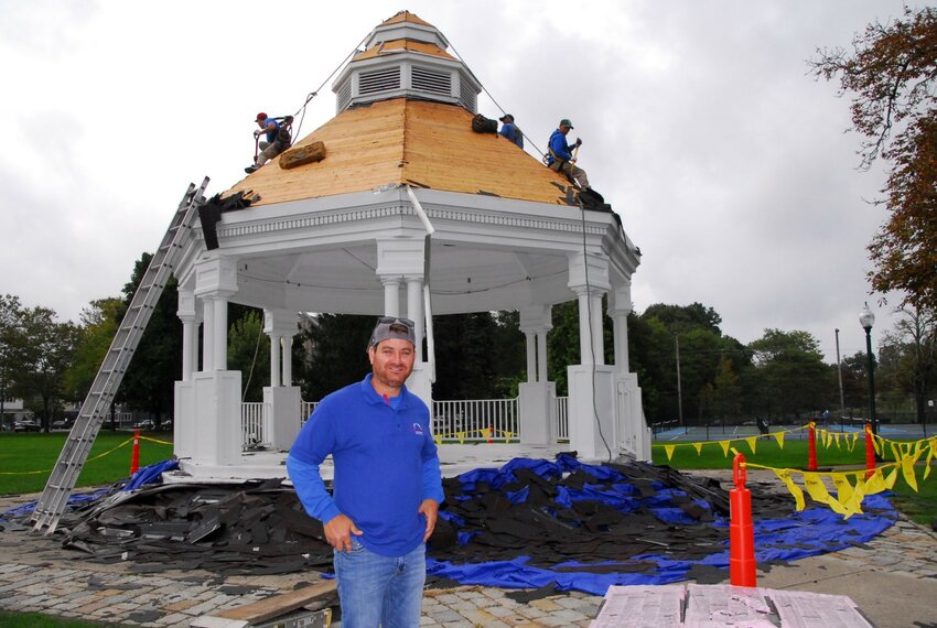 Kevin Sousa (pictured) was excited and proud to have his company re-shingle the Town Common Gazebo this week.