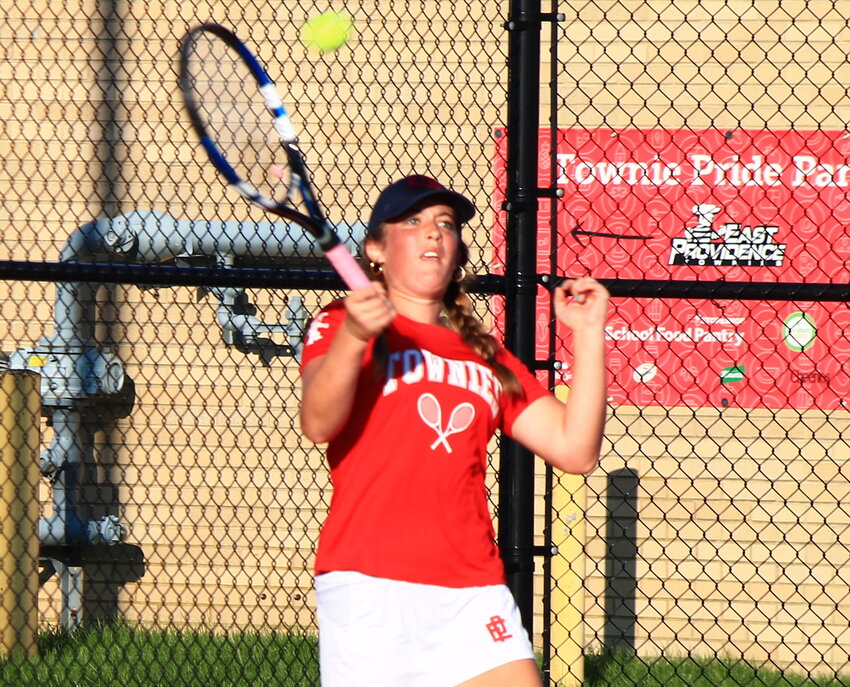 East Providence's Hope Moran rallies from the baseline during her match at No. 1 singles for the Townies against Bay View Thursday, Oct. 5.