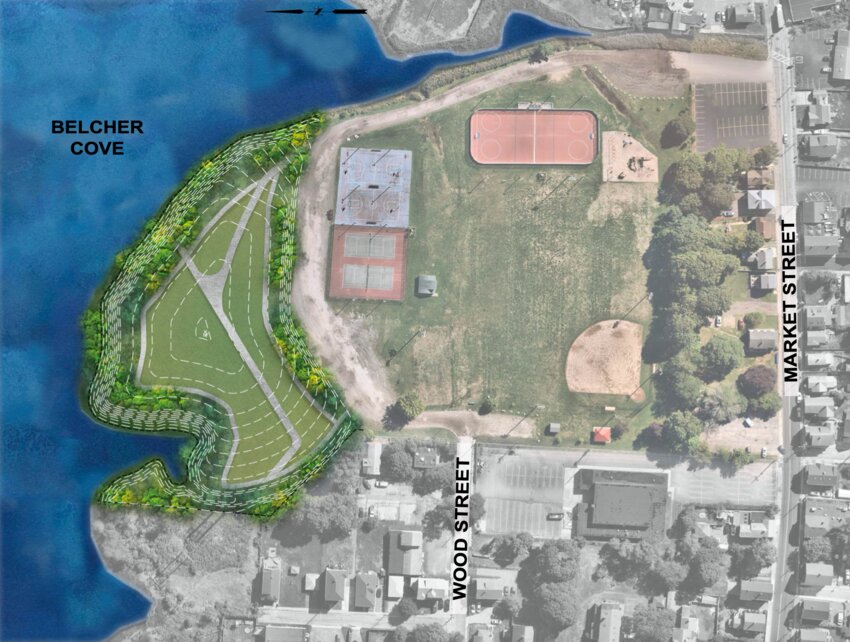 The area of the project includes the open space to the north and northwest of the existing basketball and tennis courts at Jamiel&rsquo;s Park, which will include finishing the capping of the former landfill and restoring a section of eroding coastline, as well as improving public access in the area.