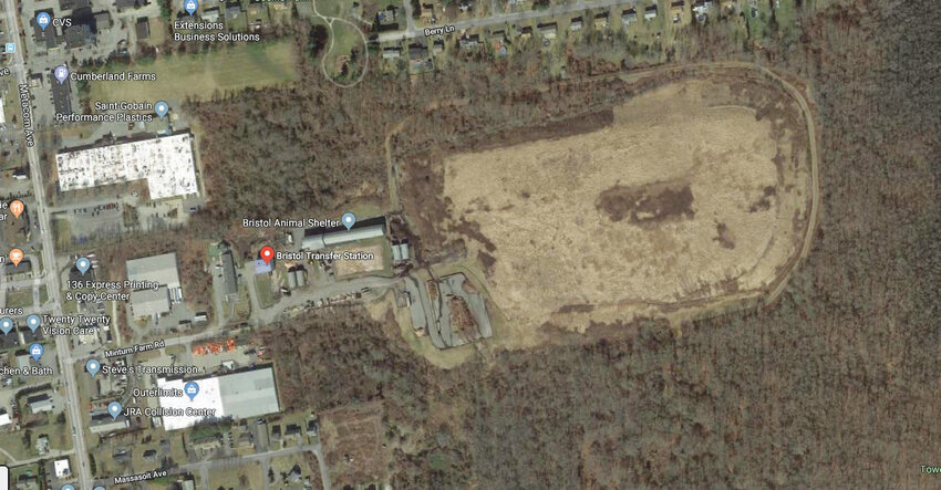 This aerial image from Google Earth shows the Bristol Transfer Station off Minuturn Farm Road, with the large, capped landfill area to the east. This site between Berry Lane and Tower Road is currently being developed into what will be the largest landfill solar project in Rhode Island.
