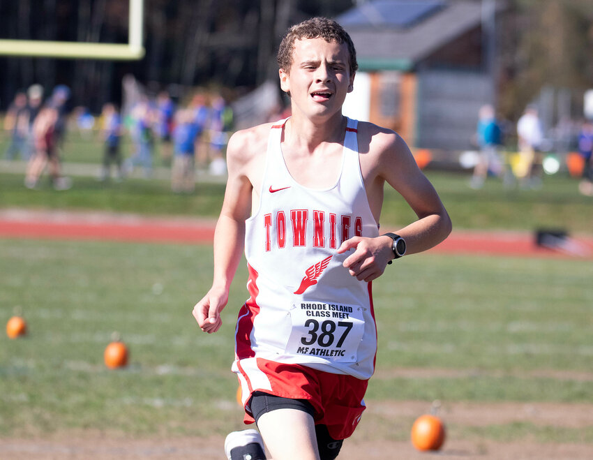 Will Anthony nears the finish line as East Providence's top runner in the boys' race at the 2023 Class A Cross Country Championship Meet Saturday, Oct. 28.