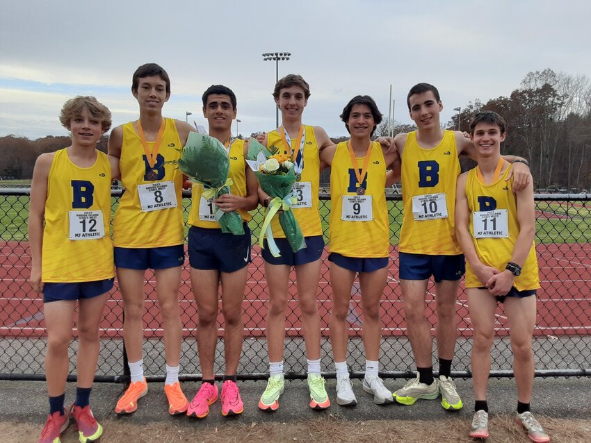 Members of the BHS boys cross country team stand for a photo at the state championship race on Saturday. Pictured are (from left to right) Colby Napolitano, Marius Bonard, Brandon Piedade, Myles Napolitano, Daniel Chun, Connor Curran and Elliot Lefort.