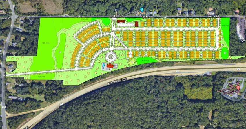 A map showing one of several housing developments planned for Tiverton, on Souza Road. The development would consist of about 225 single-family residences, 25 percent of which would be set aside for low to moderate income buyers.