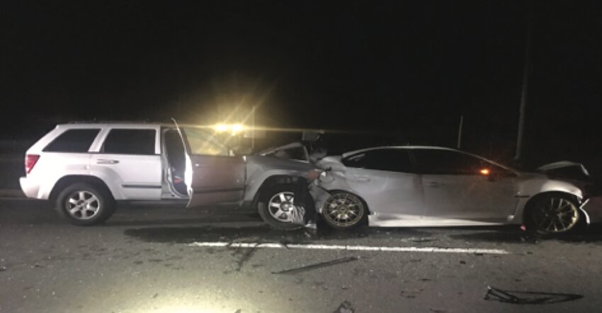 The victim was a back-seat passenger in the Subaru at right, which was struck from behind while parked along the side of the highway.