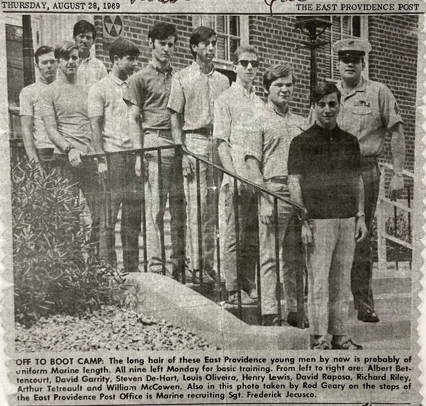 The East Providence High School &quot;Band of Brothers&quot; as they appeared in the Thursday, Aug. 28, 1969 edition of The East Providence Post were: (from left to right) Arthur Tetreault, Rick Riley, Bill McGowan, Dave Raposa, Henry Lewis, Louis Oliveira, Steve DeHart, Dave Garrity and Albert Bettencourt. Missing from the photo, Russell Parquette. The United States Marine depicted in the photo is Sgt. Frederick Jecusco.