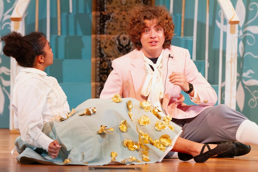 Dillion Fesmire (right), playing Wolfgang Amadeus Mozart, clowns around with his future bride Constanze Weber, played by Eli Cabral, during a recent dress rehearsal of the PHS Drama Club&rsquo;s production of &ldquo;Amadeus,&rdquo; which will be staged Thursday through Saturday, Nov. 16-18, in the school&rsquo;s Kate Grana Auditorium.