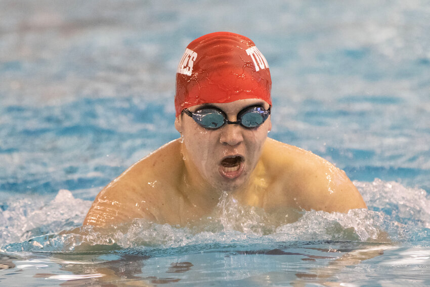 Nick Capobianco swims the breaststroke portion of the 200 yard individual medley for East Providence High School at the 2023 state meet. Capobianco leads the returnees to the 2023-24 boys team.