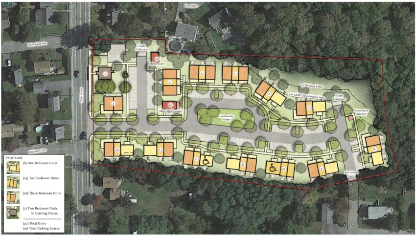 An overhead rendering of the project shows the 14 townhouses and two existing buildings that would comprise the Penny Lane development. The Warren Planning Board ultimately approved the development, but only with a condition that the total density be reduced, which the developer said would not be possible.