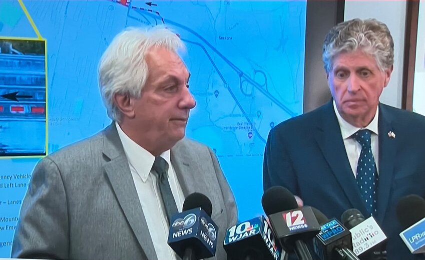 RIDOT Director Peter Alviti (left) and Gov. Dan McKee address the closure of the westbound side of the Washington Bridge during a press conference Tuesday, Dec. 12.