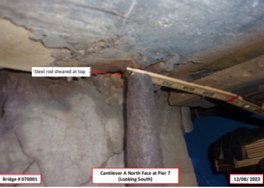 RIDOT photos showing the dilapidated state of the &quot;pins&quot; that hold the trusses under the Washington Bridge in place.