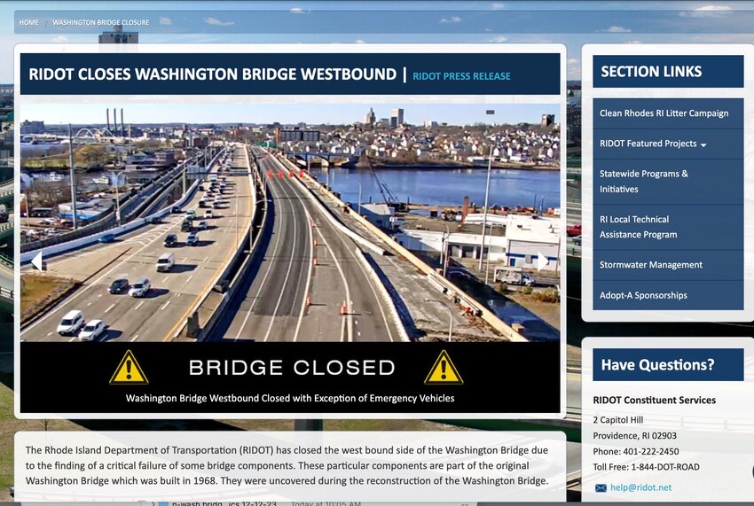 The new dedicated page to the Washington Bridge crisis on the RIDOT website.