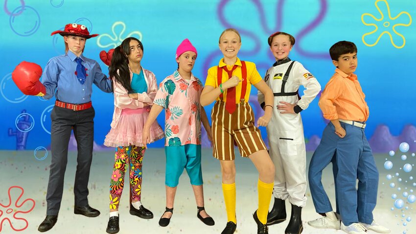 Hampden Meadows School students will bring Spongebob to life in the production of &ldquo;The Spongebob Musical: Youth Edition.&rdquo; Pictured are (from left to right) Hope Adams as Mr. Krabs, Zarah Perez as Pearl, Claire Egal as Patrick, Annika Vieira as Spongebob, Grace Gavigan as Sandy, and Brendan Philppe as Squidward.