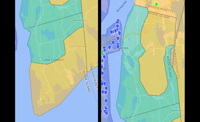Current composting coverage in Little Compton (left) and Tiverton (right) are shown in green.