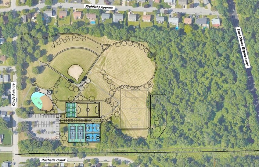 An architectural overlay of how the renovations at Kent Heights Park would look over the existing landscape.