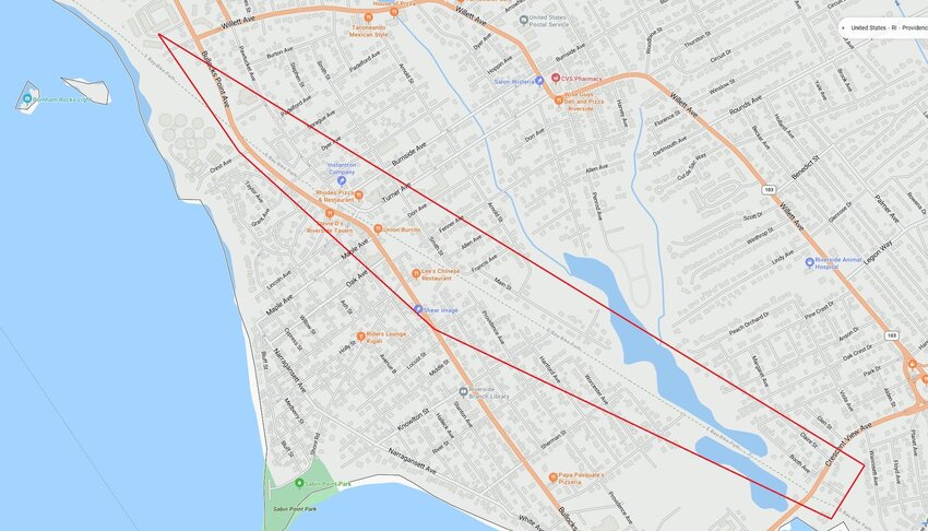 The area of the recent Riverside robberies marked in red in the neighborhoods near the East Bay Bike Path.