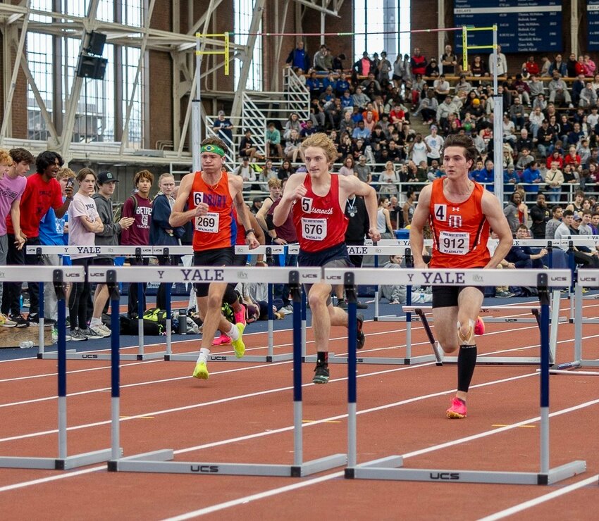Portsmouth High&rsquo;s Landon Rodrigues (center) took sixth place in the 55-meter hurdles at the Yale High School Classic on Saturday. His time of 7.88 seconds qualified him for the New Balance Indoor National Championship meet in Boston from March 7-10.