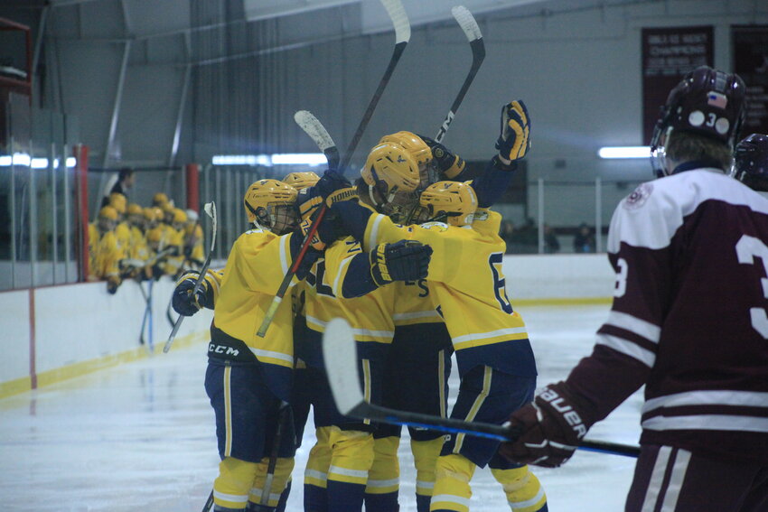 The Eagles celebrate Trevor Snow&rsquo;s goal against LaSalle Academy.