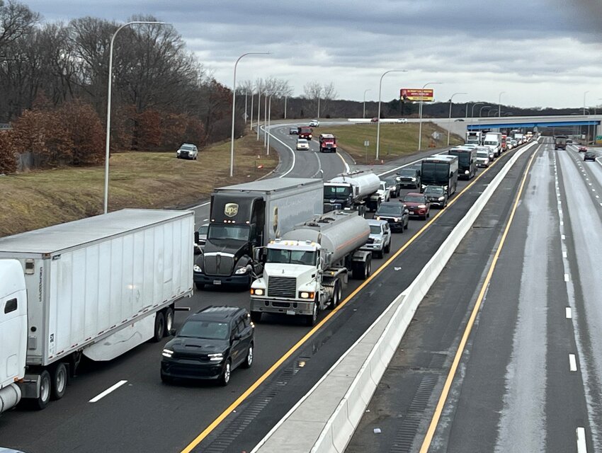 A view of the traffic jam on I-195 extending back to the state line with Massachusetts.