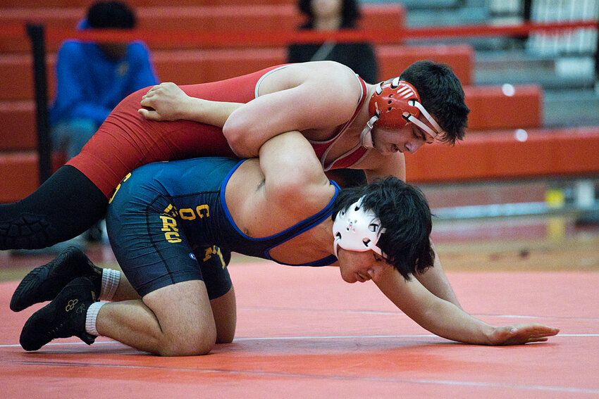 East Providence High School's Ferhat Akdemir controls his North Providence opponent during their match at 165 pounds last week. Akdemir won the contest and the class at the Connecticut Challenge.