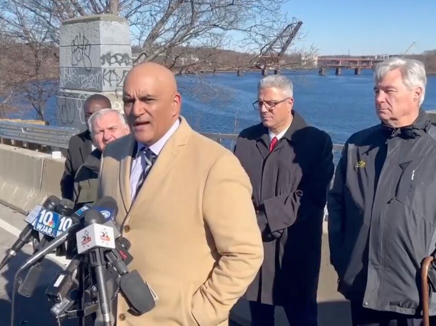 Shailen Bhatt, Administrator of the Federal Highway Administration, speaks to the media after touring the Washington Bridge Monday, Feb. 5.