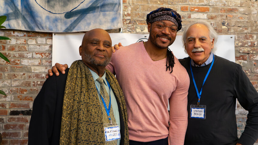 Artist Spencer Evans (middle), alongside Dr. Bernard Freamon, Professor of Law and Director of Race and the Foundations of American Law Program at Roger Williams University School of Law, and Bristol Middle Passage Port Marker Project co-chair Stephan Brigidi, at the announcement event on Sunday.