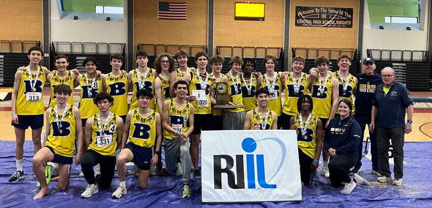 Members of the state champion Barrington High School boys indoor track team gather for a photo following Saturday&rsquo;s meet at the PCTA. Barrington finished with 97.5 points, while LaSalle finished second with 64.5 points and Hendricken was third at 57 points.