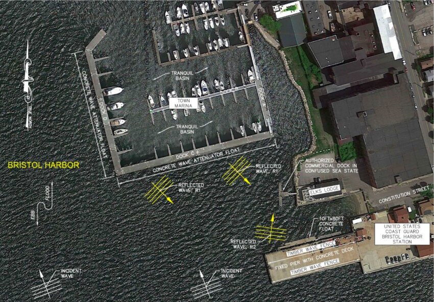 An aerial photo from the report conducted by Harbor Engineering, LLC, hired by the Elks&rsquo; Club, shows how they claim the Town&rsquo;s wave attenuating dock causes rogue waves to disrupt people looking to dock at their own slips.