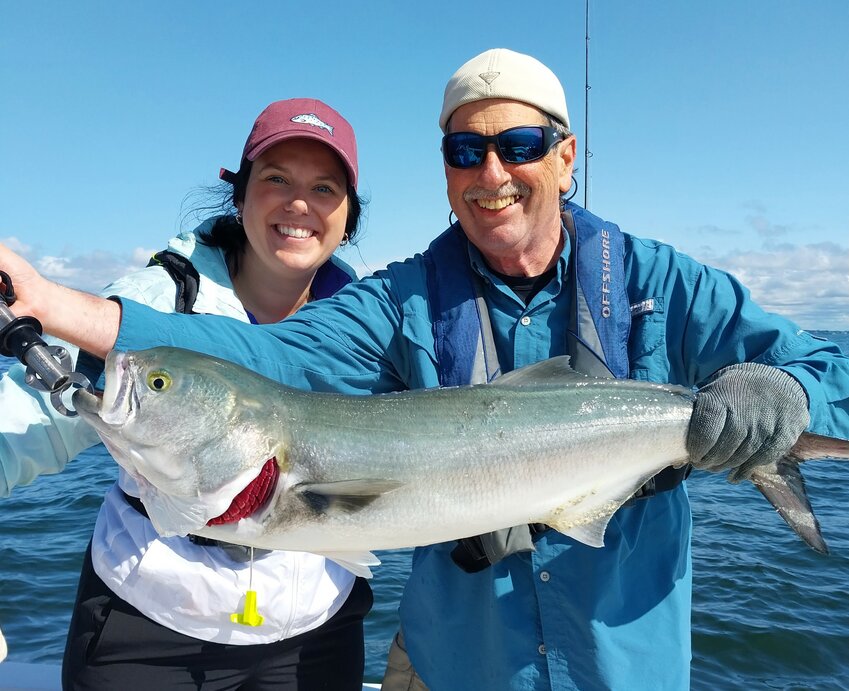 Bluefish regulations will likely be the same as last year, three fish/person/day, no minimum size, includes skipjack bluefish. Shaina Boyle caught this 36&rdquo; bluefish last year fishing with Capt. Dave Monti.