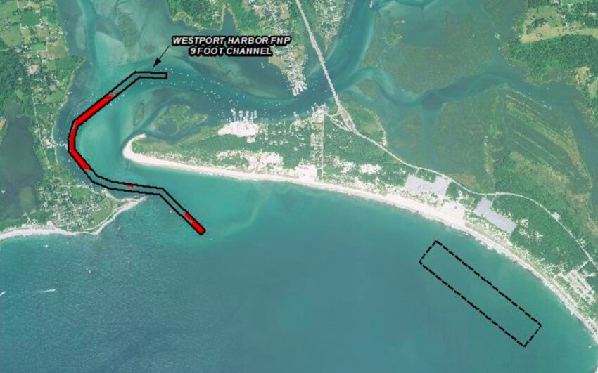 CREDIT USACE    A map shows the proposed location of dredging in red, and the planned dump site, a rectangular stretch of bottom just off Horseneck Beach.